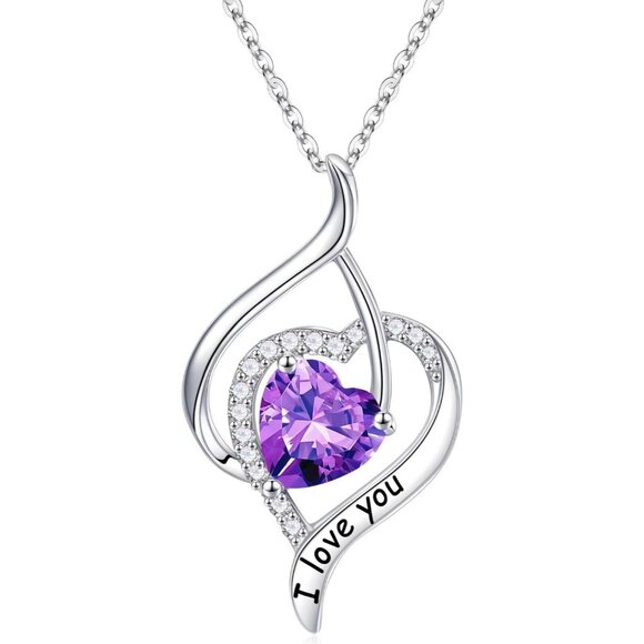 925 Sterling Silver Heart Birthstone Necklace with Amethyst for Women - Elegant